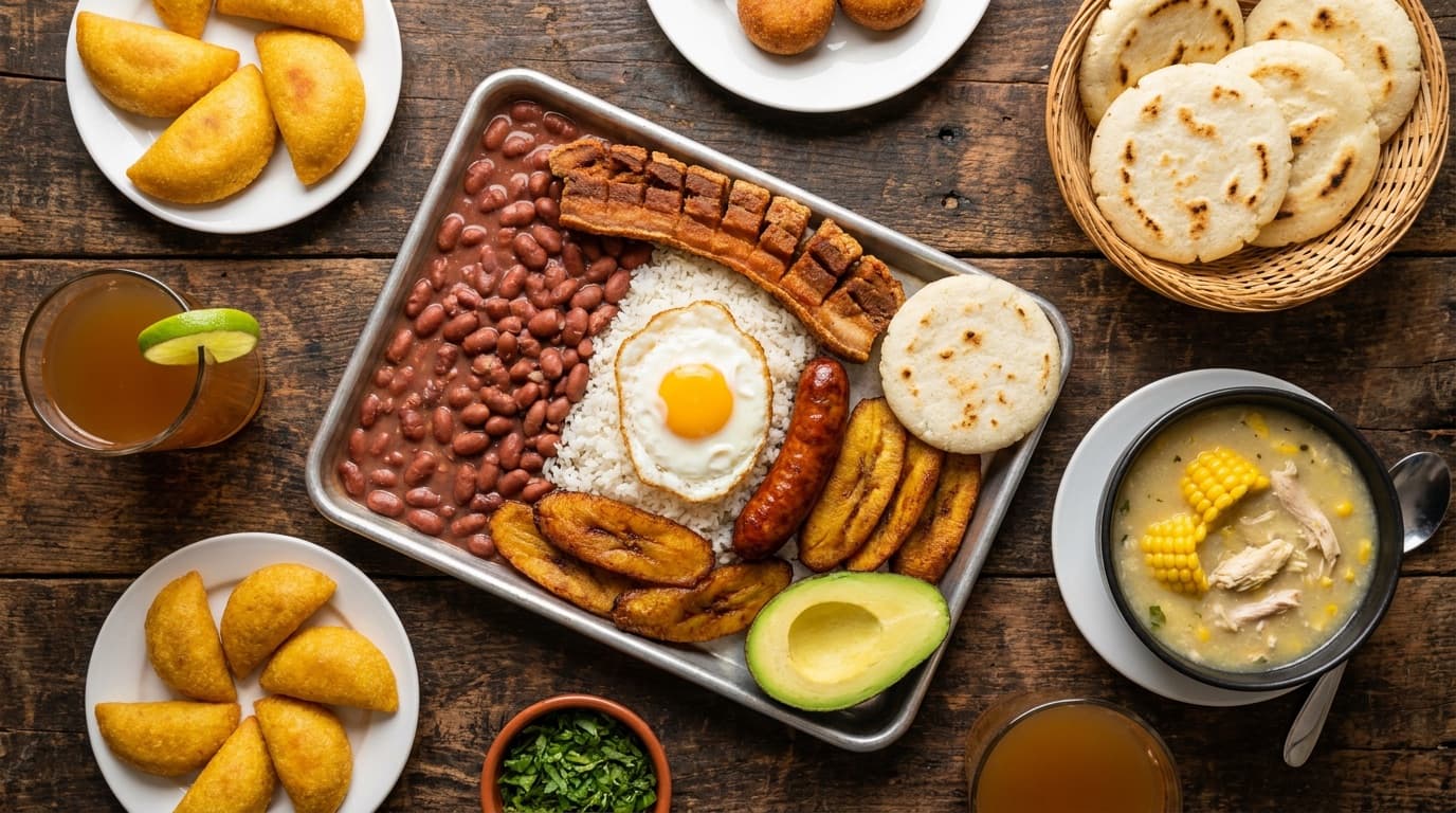 Un festín colombiano: bandeja paisa, arepas, empanadas y ajiaco